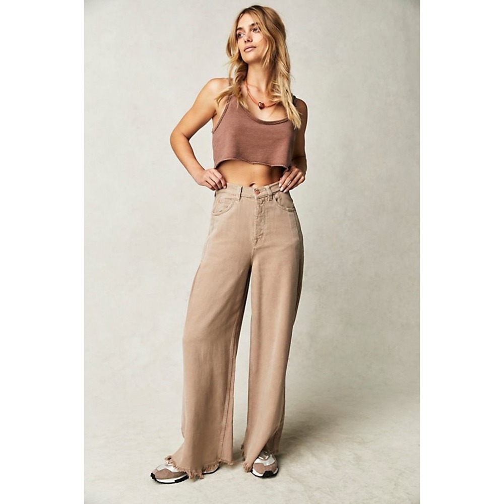 Free People We The Free Old West Slouchy Wide Leg Frayed Hem Jeans Tan Brown 26